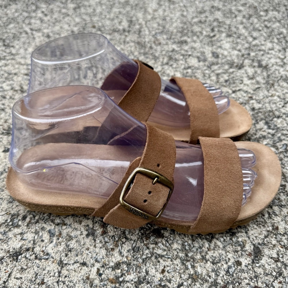 Yokono‎ Women's Sz 8 Brown Tan Leather Two Strap Slide On Sandal Made In Spain - Picture 3 of 15